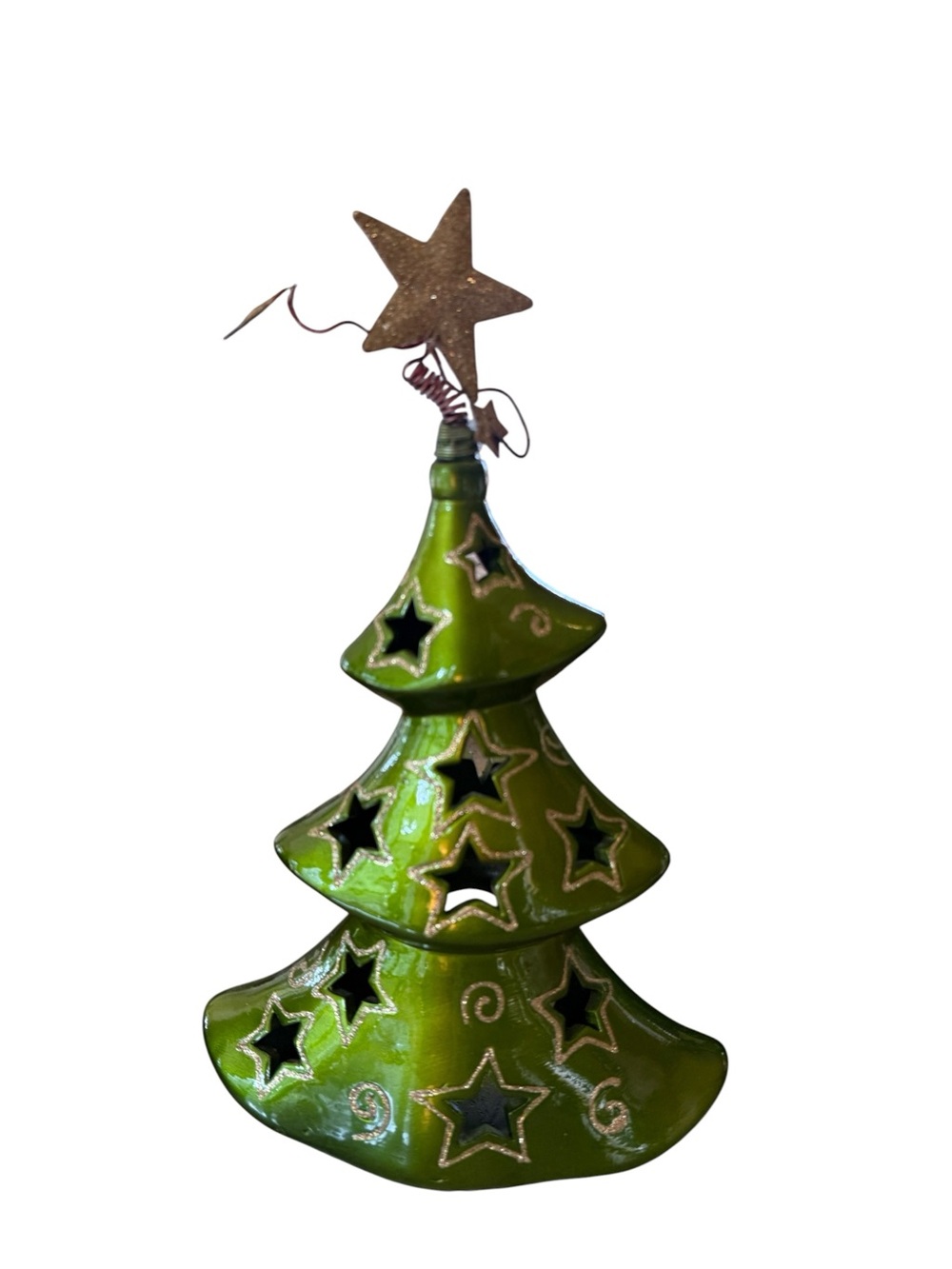 Pier 1 Imports Christmas Tree Tea Light Candle Holder Green Ceramic Gold Stars